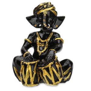 Musician Tabla Ganesha Idol Showpiece (Black & Golden) Polyresin - 4 Inch