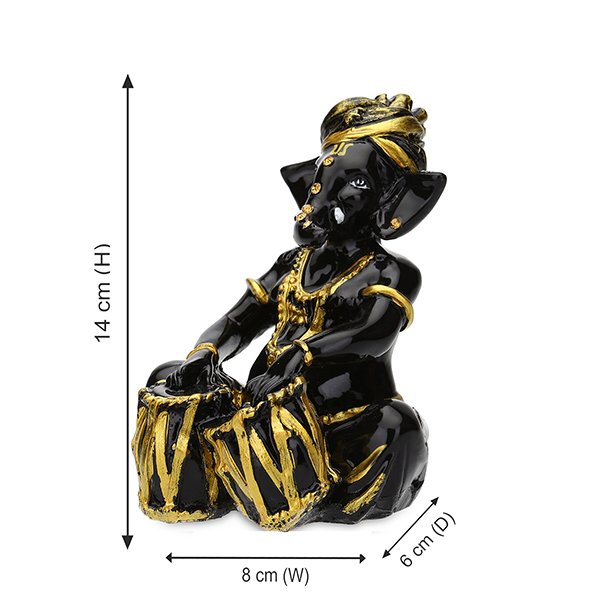 Musician Tabla Ganesha Idol Showpiece (Black & Golden) Polyresin - 4 Inch