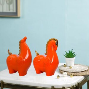 Orange Decorative Horse Pair – Polyresin Art Figurines -Set of 2 (H- 21.5 & 20 cm) - Image 1