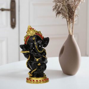 Musician Playing Flute Ganesha Idol Showpiece for Home Decor (Black) Polyresin - 5.5 Inch - Image 1