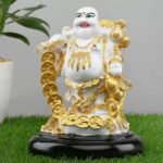 Laughing Buddha Showpiece for Home Decor (White & Golden) Marble - 8 Inch
