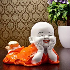Baby Monk Buddha Idol Showpiece for Home Decor (Orange) Marble – 4 Inch - Image 1