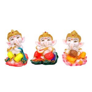 Musician Ganesha Idol Showpiece for Home Decor, Set of 3 (Multicolor) Marble – 4 Inch - Image 2
