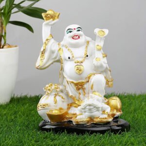 Laughing Buddha Showpiece for Home Decor (White & Gold) Marble - 7.5 Inch - Image 1