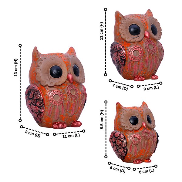 Handcrafted Owl Figurine Set – Elegant Decorative Showpiece With Three Sizes (Large: 13cm H x 11cm L x 8cm D, Medium: 11cm H x 9cm L x 7cm D, Small: 9.5cm H x 8cm L x 6cm D)
