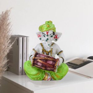 Musician Dholak Ganesha Idol Showpiece (Green) Marble - 4 Inch - Image 1