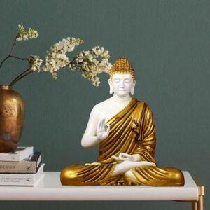 Meditation Big Buddha Showpiece for Home Decor (Golden & White ) Marble - 15 Inch - Image 1