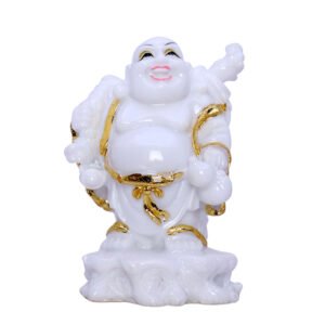 White & Gold Laughing Buddha Statue – 10.5 cm (H) x 7 cm (L) x 7 cm (D) | Feng Shui Wealth & Happiness Idol
