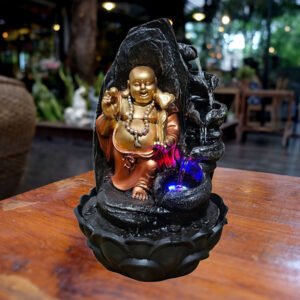 Laughing Buddha Water Fountain Showpiece for Home Decor (Black & Golden) Polyresin – 15 Inch - Image 1