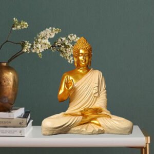 Meditation Big Buddha Showpiece for Home Decor (White & Golden) Polyresin - 15 Inch - Image 1