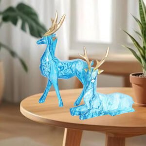 Glossy Blue Deer Couple Figurine – 8 Inch Resin Art