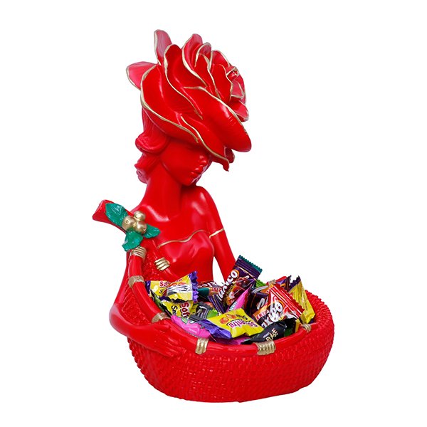 11-Inch Red Lady Figurine Basket for Décor & Storage