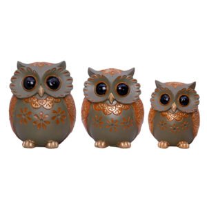 Handcrafted Brown & Green Owl Figurine Set – Decorative Showpiece with Three Different Sizes (Large: 17cm H x 13cm L x 8cm D, Medium: 15cm H x 12cm L x 7cm D, Small: 13cm H x 10cm L x 6cm D) - Image 2