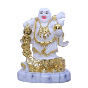 White & Gold Laughing Buddha with Wealth Coins – Symbol of Prosperity