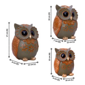 Handcrafted Brown & Green Owl Figurine Set – Decorative Showpiece with Three Different Sizes (Large: 17cm H x 13cm L x 8cm D, Medium: 15cm H x 12cm L x 7cm D, Small: 13cm H x 10cm L x 6cm D) - Image 3