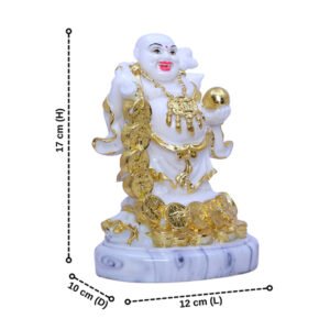 White & Gold Laughing Buddha with Wealth Coins – Symbol of Prosperity