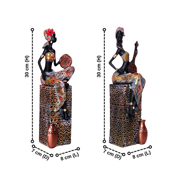 Antique African Lady Showpiece for Home Decor (Set of 2) Polyresin- 12 Inch
