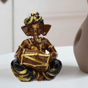 Musician Dholak Ganesha Idol Showpiece (Brown & Black) Polyresin - 4 Inch - Image 1