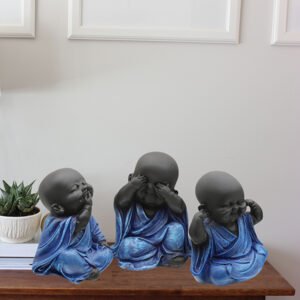 Baby Monk Buddha Idol Showpiece for Home Decor, Set of 3 (Blue & Black) Marble – 5.5 Inch - Image 1