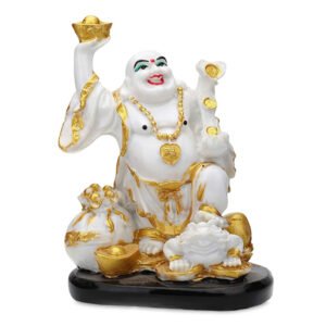 Laughing Buddha Showpiece for Home Decor (White & Gold) Marble - 7.5 Inch - Image 2