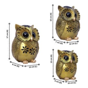 Handcrafted Brown & Green Owl Figurine Set – Decorative Showpiece with Three Different Sizes (Large: 17cm H x 13cm L x 8cm D, Medium: 15cm H x 12cm L x 7cm D, Small: 13cm H x 10cm L x 6cm D) - Image 2