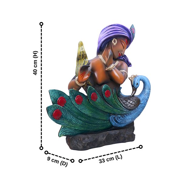 Antique Krishna with Peacock Showpiece for Home Decor (Polyresin) - 16 Inch