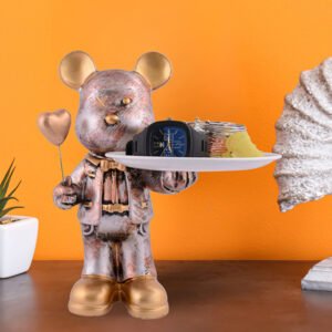 11.5-Inch Luxury Bear Butler Statue – Antique Gold Resin Decorative Tray - Image 1