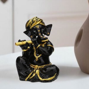 Musician Flute Ganesha Idol Showpiece (Black & Golden) Marble - 4 Inch - Image 1