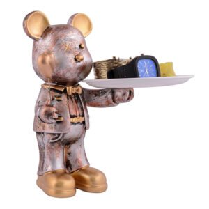 11.5-Inch Luxury Bear Butler Statue – Antique Gold Resin Decorative Tray - Image 3