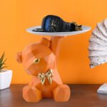 7-Inch Geometric Bear Butler Statue – Modern Orange Resin Decorative Tray
