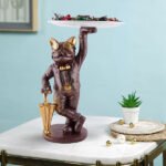 11-Inch Vintage Cat Butler Statue – Resin Decorative Tray with Umbrella