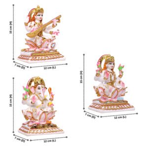 Laxmi, Ganesh & Saraswati Idol Showpiece for Home Decor (White) Marble – 6 Inch - Image 3