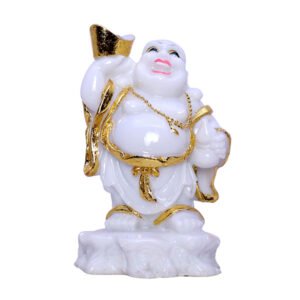 White & Gold Laughing Buddha Statue – 10.5 cm (H) x 6 cm (L) x 6 cm (D) | Feng Shui Good Luck & Prosperity Idol