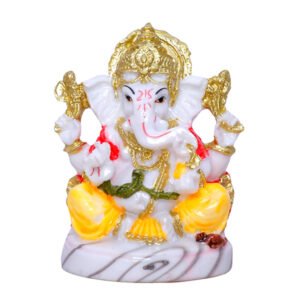 Lord Ganesha Idol | White & Golden Decorative Ganpati Murti | Marble Base | Home, Office, Car Dashboard Showpiece | 10 cm Height - Image 2