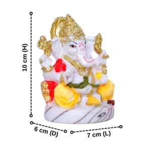 Lord Ganesha Idol | White & Golden Decorative Ganpati Murti | Marble Base | Home, Office, Car Dashboard Showpiece | 10 cm Height - Image 3