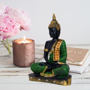 Meditation Buddha Showpiece for Home Decor (Green & Black) Polyresin - 9.5 Inch - Image 1