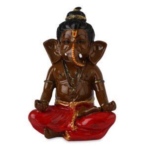 Meditating Ganesha Idol Showpiece for Home Decor (Brown & Red) Polyresin - 8 Inch - Image 2