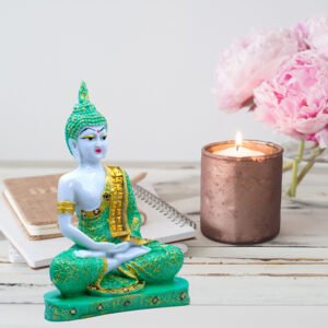 Meditation Buddha Showpiece for Home Decor (Green & White) Marble - 9.5 Inch - Image 1