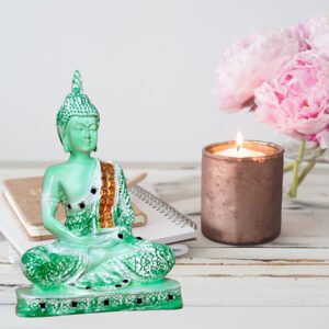 Meditation Buddha Showpiece for Home Decor (Green & White) Polyresin - 9.5 Inch - Image 1