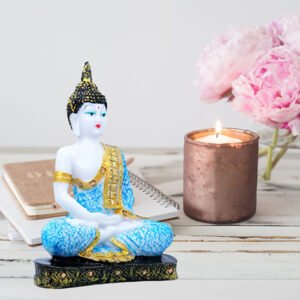 Meditation Buddha Showpiece for Home Decor (Sky Blue & White) Marble - 9.5 Inch - Image 1