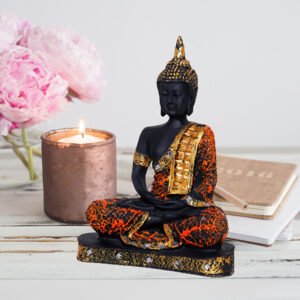 Meditation Buddha Showpiece for Home Decor (Orange & Black) Polyresin - 9.5 Inch - Image 1
