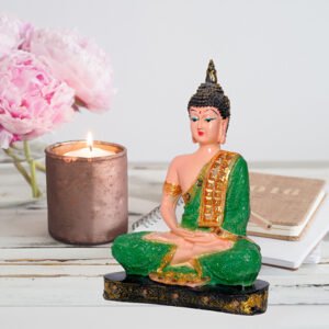 Meditation Buddha Showpiece for Home Decor (Green & Cream) Polyresin - 9.5 Inch - Image 1