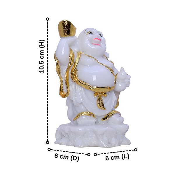 White & Gold Laughing Buddha Statue – 10.5 cm (H) x 6 cm (L) x 6 cm (D) | Feng Shui Good Luck & Prosperity Idol