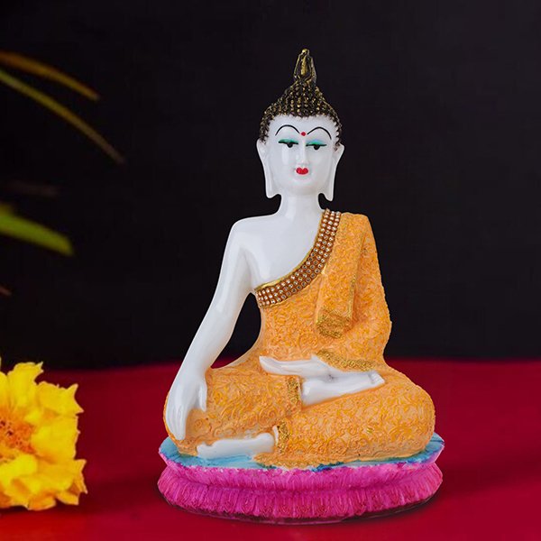 Hand Down Buddha Showpiece for Home Decor (Orange) Marble – 10.5 Inch