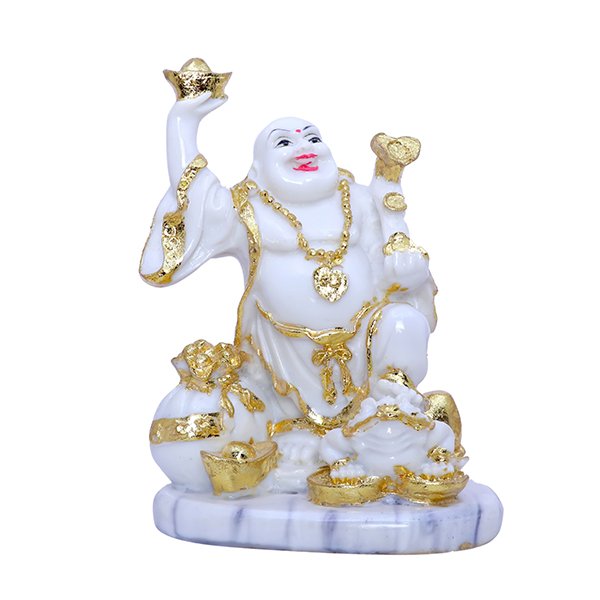 White & Gold Laughing Buddha Statue - 17cm Feng Shui Decor