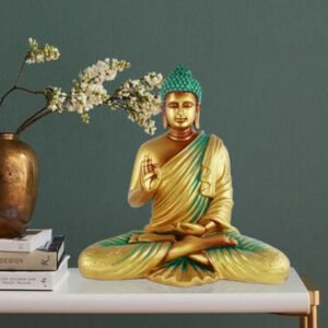 Meditation Big Buddha Showpiece for Home Decor (Golden & Green) Polyresin - 15 Inch - Image 1