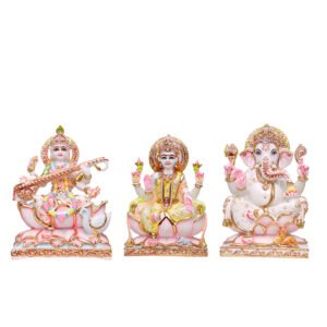 Laxmi-Ganesha & Saraswati Idol Showpiece for Home Decor, Set of 3 (Multicolor) Marble – 12 Inch - Image 2