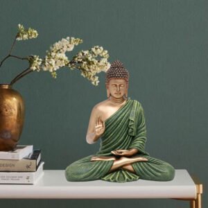 Meditation Big Buddha Showpiece for Home Decor (Green & Golden) Polyresin - 15 Inch - Image 1