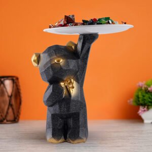 8-Inch Resin Bear Candy Holder with Tray – Black & Gold - Image 1