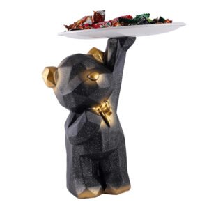 8-Inch Resin Bear Candy Holder with Tray – Black & Gold - Image 2
